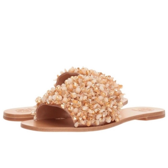 TORY BURCH LOGAN EMBELLISHED SLIDE SANDALS - Picture 2 of 5